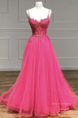 Debutant Dress, A Line Spaghetti Straps Beaded Pink Lace Long Prom Dress, Pink Lace Formal Dress, Pink Tulle Evening Dress