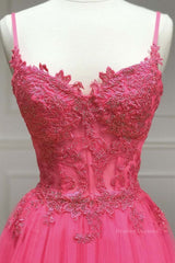 Royal Dress, A Line Spaghetti Straps Beaded Pink Lace Long Prom Dress, Pink Lace Formal Dress, Pink Tulle Evening Dress