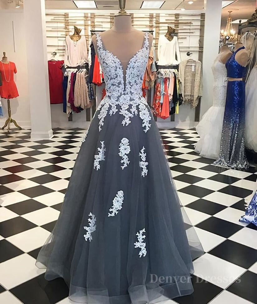 Bridesmaids Dress Online, A Line Spaghetti Straps Lace Grey Tulle Long Prom Dress, Grey Formal Bridesmaid Dress, Evening Dress