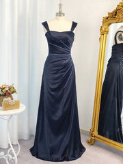 Dress Casual, A-line Spaghetti Straps Ruffles Floor-Length Elastic Woven Satin Dress