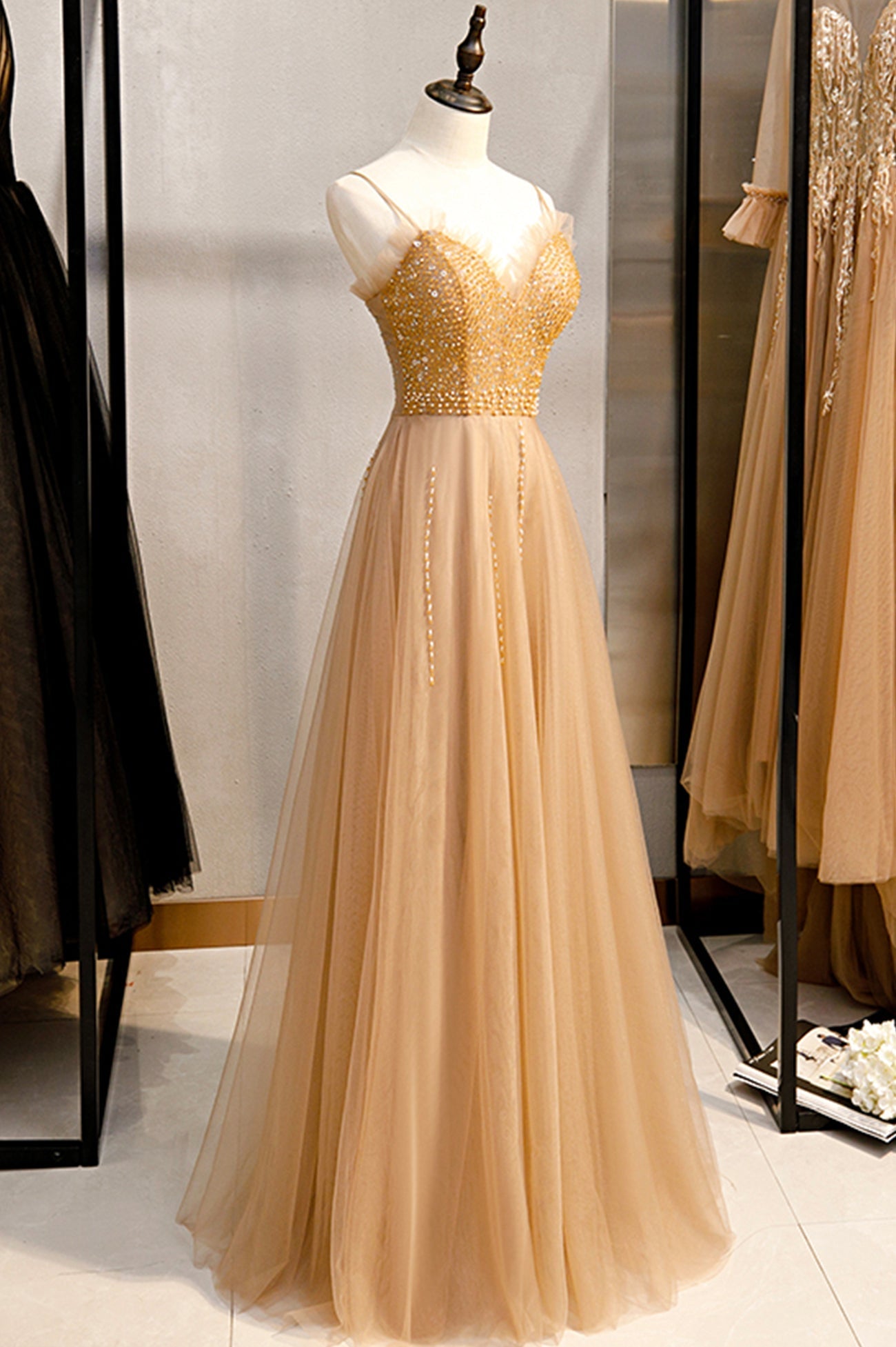 Prom Shoes, A-Line Spaghetti Straps Tulle Beaded Long Prom Dress, Evening Party Dress