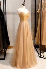 Prom Shoes, A-Line Spaghetti Straps Tulle Beaded Long Prom Dress, Evening Party Dress