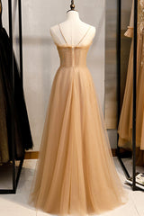 Silk Wedding Dress, A-Line Spaghetti Straps Tulle Beaded Long Prom Dress, Evening Party Dress