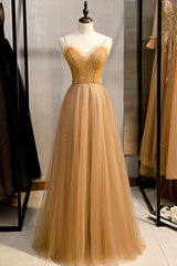 Wedding Inspiration, A-Line Spaghetti Straps Tulle Beaded Long Prom Dress, Evening Party Dress
