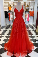 Prom Dress Ideas, A Line Spaghetti Straps V Neck Red Lace Long Prom Dress, Red Lace Formal Dress, Red Evening Dress