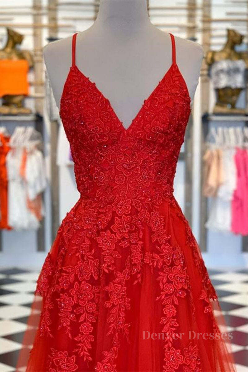 Prom Dress Blue, A Line Spaghetti Straps V Neck Red Lace Long Prom Dress, Red Lace Formal Dress, Red Evening Dress