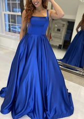 Bridesmaid Dress Shops, A-line Square Neckline Sleeveless Sweep Train Satin Prom Dress With Pockets