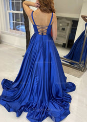 Bridesmaid Dress Sale, A-line Square Neckline Sleeveless Sweep Train Satin Prom Dress With Pockets