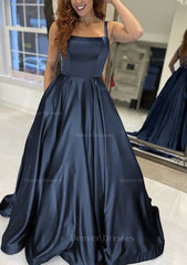 Bridesmaid Dress Custom, A-line Square Neckline Sleeveless Sweep Train Satin Prom Dress With Pockets