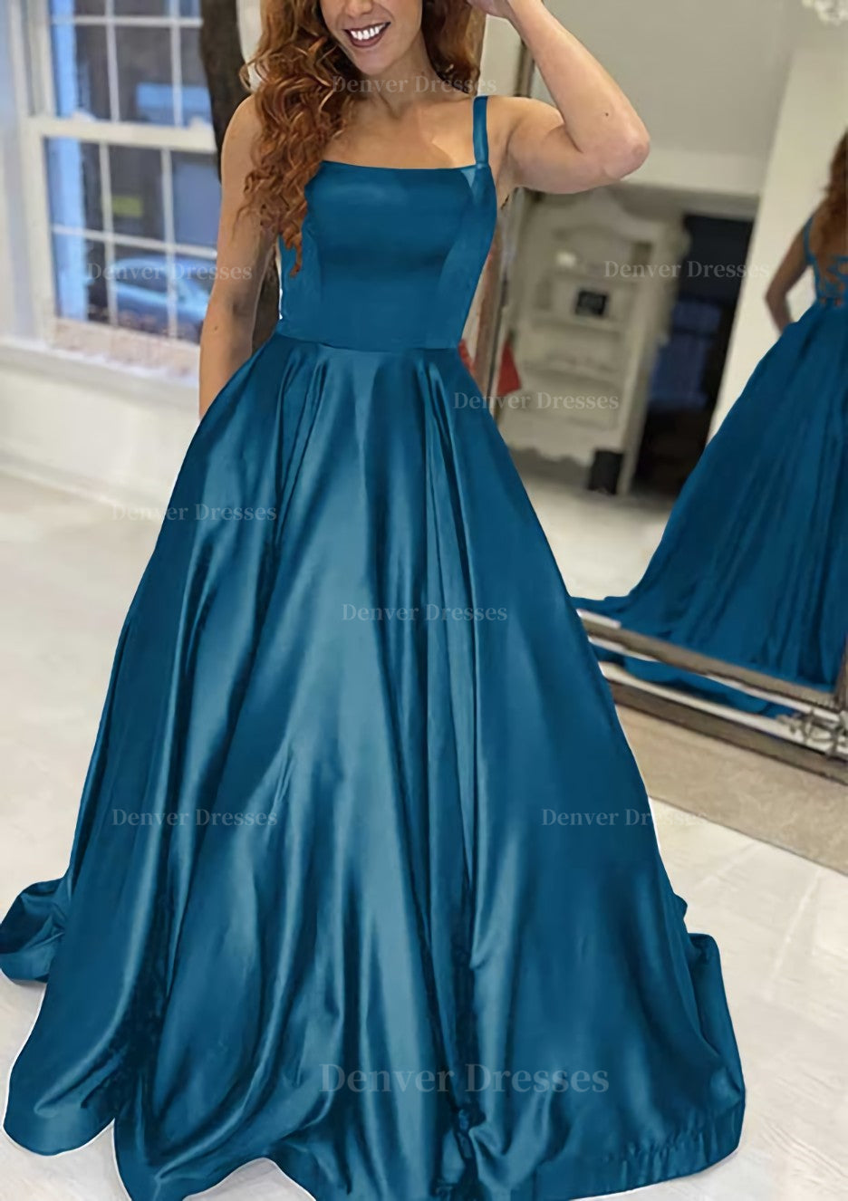 Bridesmaid Dresses Beach, A-line Square Neckline Sleeveless Sweep Train Satin Prom Dress With Pockets