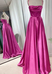 Party Dress Night, A-line Square Neckline Spaghetti Straps Sweep Train Charmeuse Prom Dress With Pleated