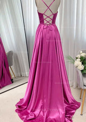 Party Dress Design, A-line Square Neckline Spaghetti Straps Sweep Train Charmeuse Prom Dress With Pleated