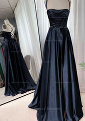 Party Dress Designs, A-line Square Neckline Spaghetti Straps Sweep Train Charmeuse Prom Dress With Pleated