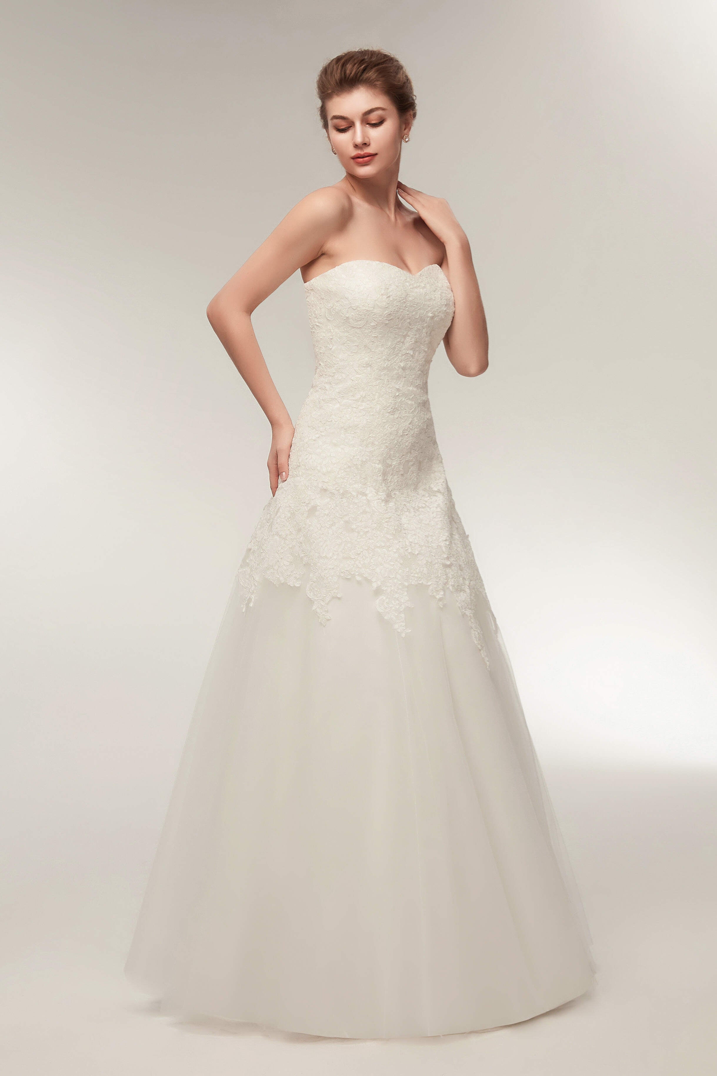 Weddings Dresses Beach, A Line Strapless Ivory Lace Floor Length Wedding Dresses