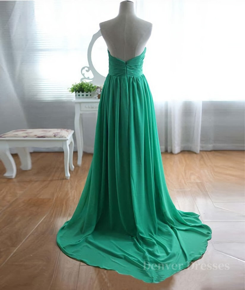 Prom Dresses Long Elegant, A-Line Strapless Sweetheart Neck Green Chiffon Long Prom Dresses, Green Evening Dresses
