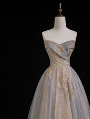 Party Dress Roman, A Line Sweetheart Neck Gray Blue Long Prom Dress, Gray Court Train Blue Formal Gowns