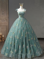 Wedding Decor, A-Line Sweetheart Neck Green Long Prom Dresses, Green Lace Formal Dress