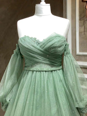 Formal Dresses Style, A Line Sweetheart Neck Long Sleeves Green Tulle Long Prom Dress, Long Green Formal Evening Dress