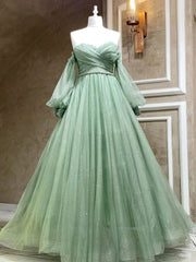 Formal Dress Styles, A Line Sweetheart Neck Long Sleeves Green Tulle Long Prom Dress, Long Green Formal Evening Dress