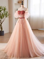 Prom Dress Places Near Me, A-Line Sweetheart Neck Sequin Tulle Pink Long Prom Dress, Pink Formal Dress