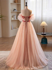 Prom Dresses For 2023, A-Line Sweetheart Neck Sequin Tulle Pink Long Prom Dress, Pink Formal Dress