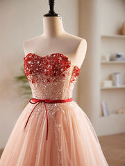 Prom Dresses Purple, A-Line Sweetheart Neck Sequin Tulle Pink Long Prom Dress, Pink Formal Dress