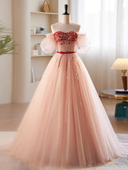 Prom Dresses For Adults, A-Line Sweetheart Neck Sequin Tulle Pink Long Prom Dress, Pink Formal Dress