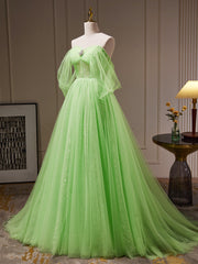 Prom Dress With Tulle, A-Line Sweetheart Neck Tulle Green Long Prom Dress, Green Tulle Long Evening Dress