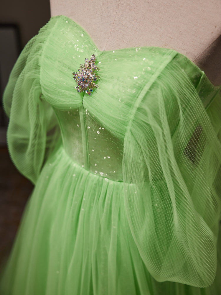 Prom Dresses Ball Gown Elegant, A-Line Sweetheart Neck Tulle Green Long Prom Dress, Green Tulle Long Evening Dress