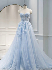 Party Dress Satin, A Line Sweetheart Neck Tulle lace Blue Long Prom Dresses, Lace Formal Gown Graduation Dresses