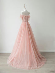 Prom Dresses Yellow, A-Line Sweetheart Neck Tulle Lace Pink Long Prom Dress, Pink Formal Dress