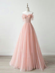Prom Dress Burgundy, A-Line Sweetheart Neck Tulle Lace Pink Long Prom Dress, Pink Formal Dress