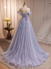 Prom Dressed Two Piece, A-Line Sweetheart Neck Tulle Purple Long Prom Dress, Purple Formal Dress