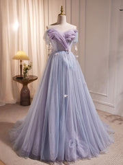 Prom Dresses Two Pieces, A-Line Sweetheart Neck Tulle Purple Long Prom Dress, Purple Formal Dress