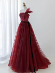 Bridesmaids Dress Chiffon, A-Line Tulle Burgundy Long Prom Dress, Burgundy Formal Evening Dress