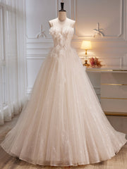 Bridesmaid Dress Cheap, A-Line Tulle Flower Light Champagne Long Prom Dresses, Shiny Formal Dresses