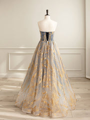 Bridesmaid Dresses Color Palette, A-Line Tulle Gold/Blue Long Prom Dress, Blue Formal Evening Dress