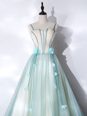 Summer Wedding, A-Line Tulle Green Long Prom Dress, Green Graduation Dress with Sweep Train