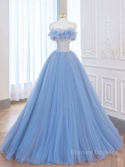Bridesmaids Dresses Chiffon, A-Line Tulle Lace Blue Long Prom Dress, Blue Lace Long Formal Dress