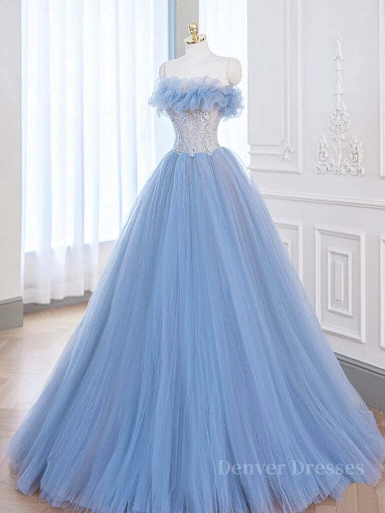 Bridesmaid Dress For Girls, A-Line Tulle Lace Blue Long Prom Dress, Blue Lace Long Formal Dress