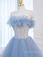 Bridesmaid Dresses For Girls, A-Line Tulle Lace Blue Long Prom Dress, Blue Lace Long Formal Dress