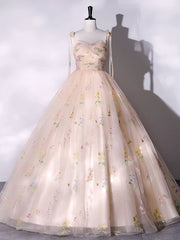 Party Dress New Look, A-Line Tulle Lace Champagne Long Prom Dress, Champagne Formal Sweet 16 Dress