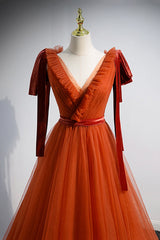 Bridesmaid Dresses Mismatched Spring Colors, A-Line Tulle Long Prom Dress, Orange V-Neck Long Simple Evening Dress