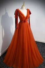 Bridesmaids Dresses Winter Wedding, A-Line Tulle Long Prom Dress, Orange V-Neck Long Simple Evening Dress