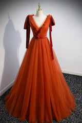 Bridesmaid Dress Long Sleeves, A-Line Tulle Long Prom Dress, Orange V-Neck Long Simple Evening Dress