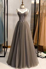 Party Dress Classy Elegant, A-Line Tulle Long Prom Dress with Beading, Cute Evening Party Dress