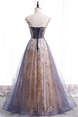 Party Dress For Christmas Party, A-Line Tulle Long Prom Dress with Sequins, Cute Scoop Neckline Evening Dress