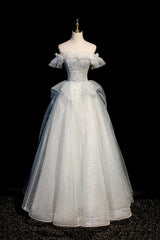 Bridesmaids Dress Shopping, A-Line Tulle Sequins Long Prom Dress, Off the Shoulder Evening Dress