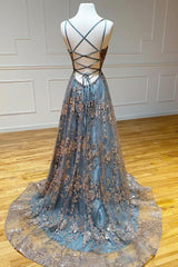 Party Dress Teen, A-Line Tulle Sequins Long Prom Dress, V-Neck Backless Evening Dress