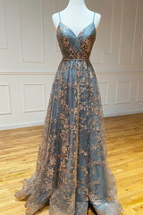 Party Dresses Designs, A-Line Tulle Sequins Long Prom Dress, V-Neck Backless Evening Dress